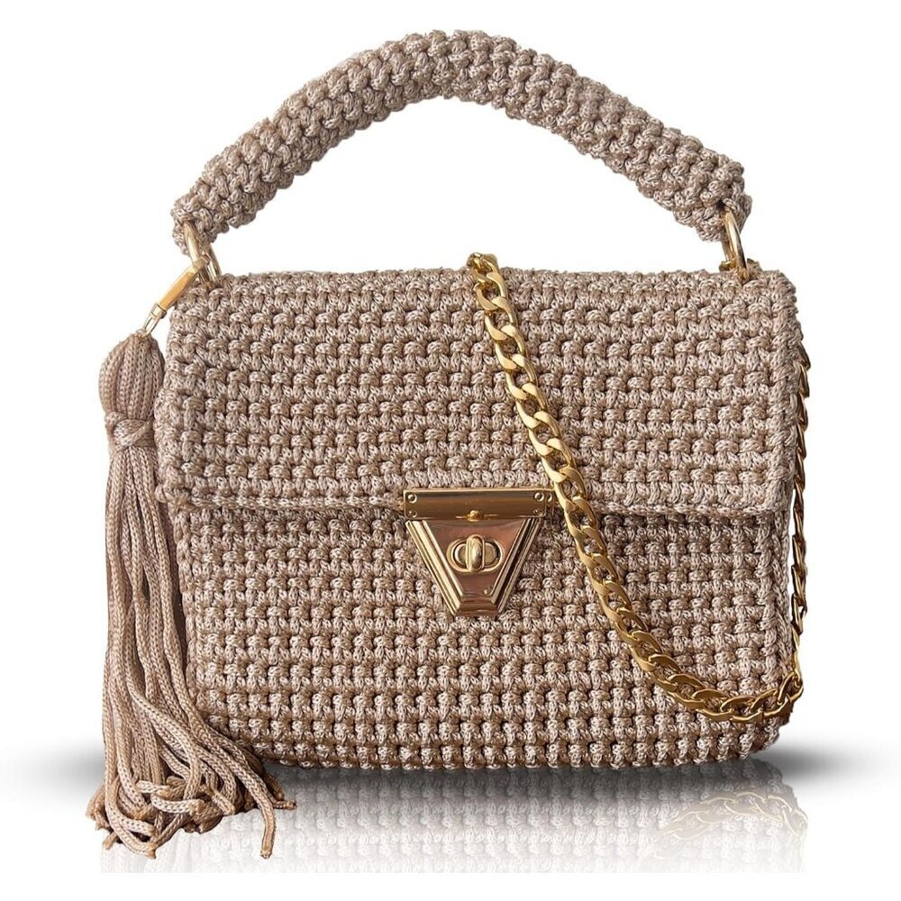 Women Beige Elegant Caramel Crochet Purse Gold Chain Shoulder Bag